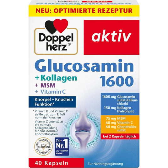 دوبل هيرز جلوكوزامين 1600 + كولاجين + ام اس ام مع فيتامين سي 40 كبسولة - Doppelherz aktiv Glucosamine 1600 + Collagen + MSM + Vitamin C 40 Caps
