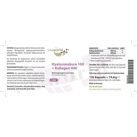 حمض الهيالورونيك + كولاجين 120 كبسولة - VitaWorld Hyaluronic Acid 100 mg + Collagen 400 mg 120 Caps - GermanVit - Saudi arabia