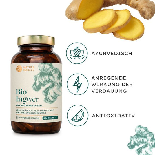 كبسولات الزنجبيل العضوي 180 كبسولة - NATURE BASICS Organic Ginger 180 Capsules