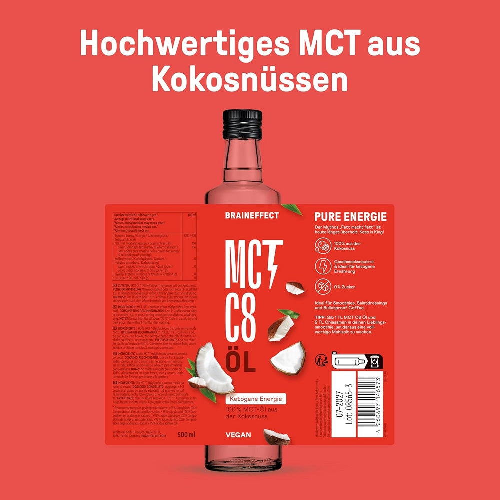 زيت إم سي تي النقي سي 8 - براين إيفيكت 500 مل - BRAINEFFECT MCT Oil C8 500 ml