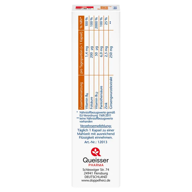 Doppelherz Ginseng 250 + B vitamins + zinc 30 Capsules - دوبل هيرز جنسنغ 250 مع فيتامينات ب وزنك 30 كبسولة