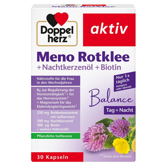 Double Herz Prime Rose Plus 30 Capsules - Doppelherz aktiv Meno Red Clover + Evening Primrose Oil + Biotin 30 Caps