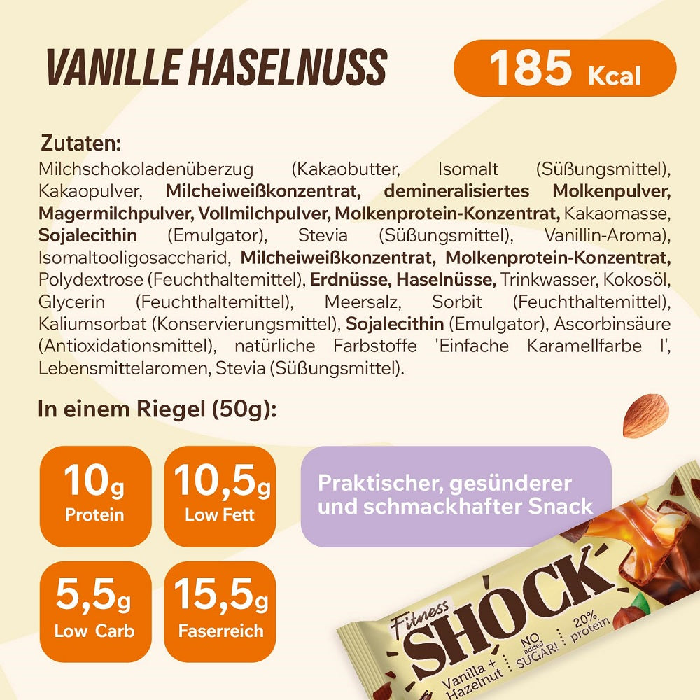 FitnesSHOCK Protein Bar Vanilla without Sugar 12 x 50 grams