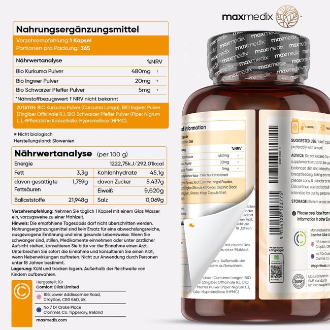 maxmedix Organic Turmeric 365 Capsules