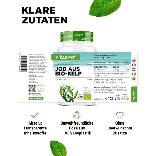 أقراص اليود الطبيعي 200 ميكج 365 قرص نباتي - ‎Vit4ever Natural IODINE from Organic Kelp 200 μg 365 Vegan Tabs