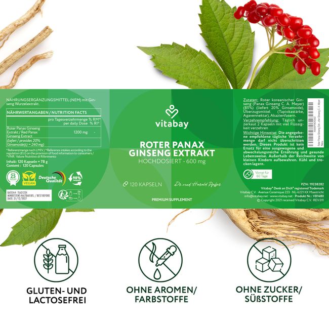 Vitabay Red Panax Ginseng Extract 600mg - 120 Capsules