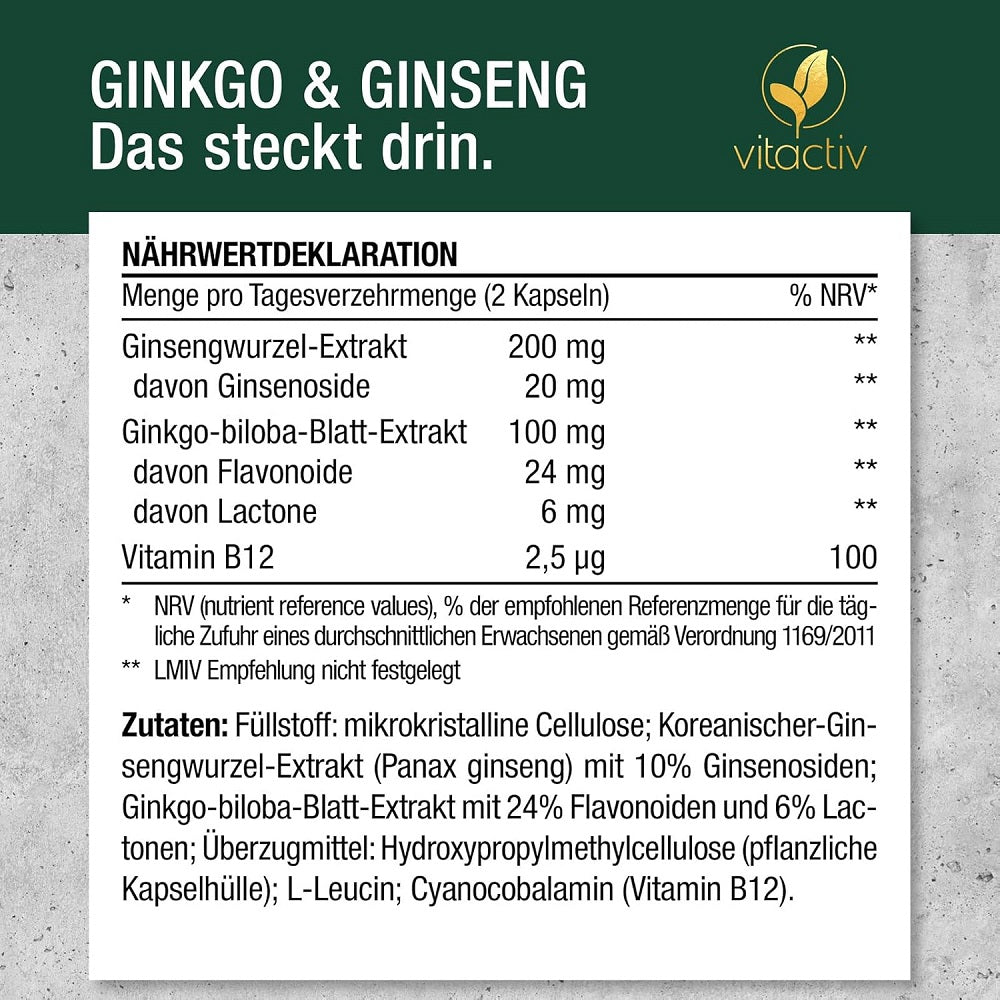 Vitactiv Ginkgo, Ginseng, B12 60 Capsules
