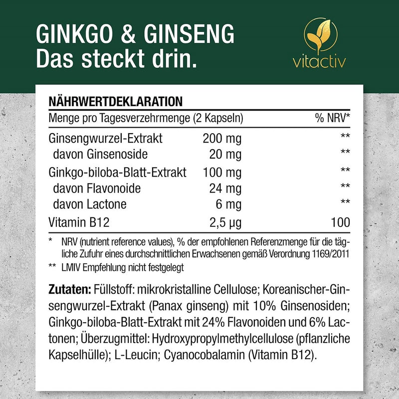 حميل الصورة في عارض المعرض ، فيتاكتيف جينكو  جنسنغ مع ب12 – 60 كبسولة - Vitactiv Ginkgo, Ginseng, B12 60 caps
