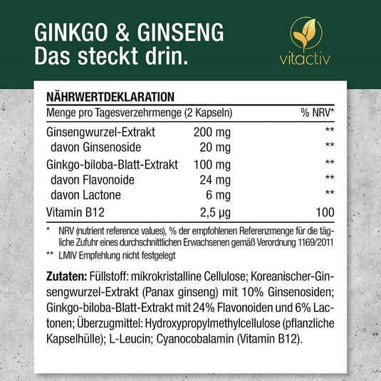 فيتاكتيف جينكو  جنسنغ مع ب12 – 60 كبسولة - Vitactiv Ginkgo, Ginseng, B12 60 caps