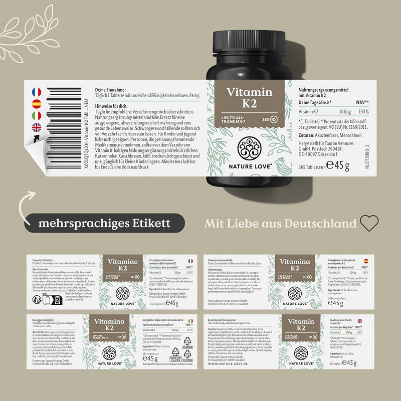 حميل الصورة في عارض المعرض ، فيتامين ك2 نباتي 365 قرص - NATURE LOVE Vitamin K2 365 Tablets
