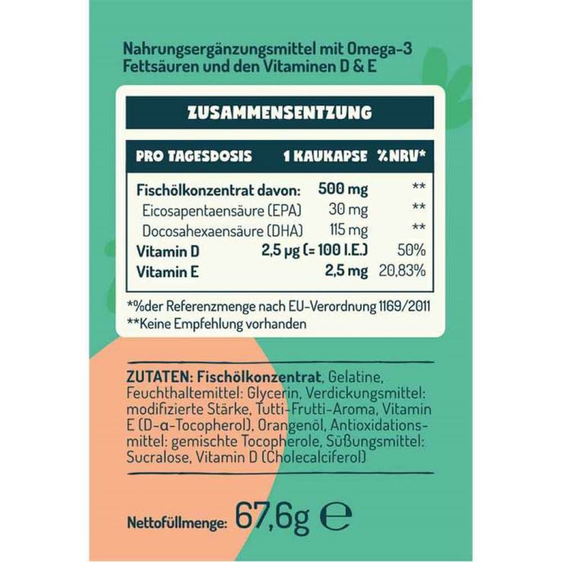 حميل الصورة في عارض المعرض ، أوميجا-3 للأطفال 90 حبة مضغ - BALASENSE Omega-3 Kids with Vitamin D+E 90 Chewable Tablets - GermanVit - Saudi arabia
