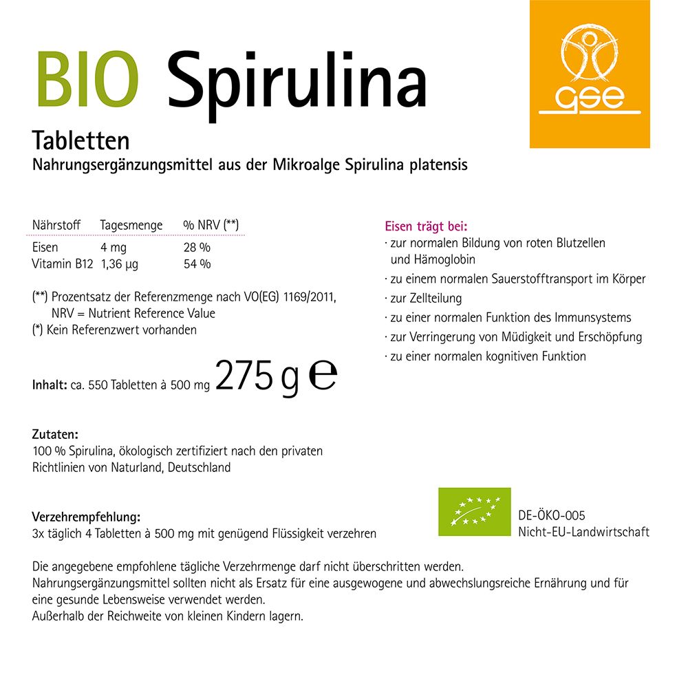 سبيرولينا عضوية 500 ملج 240 قرص - GSE BIO Spirulina 500 mg 240 Tabs - GermanVit - Saudi arabia