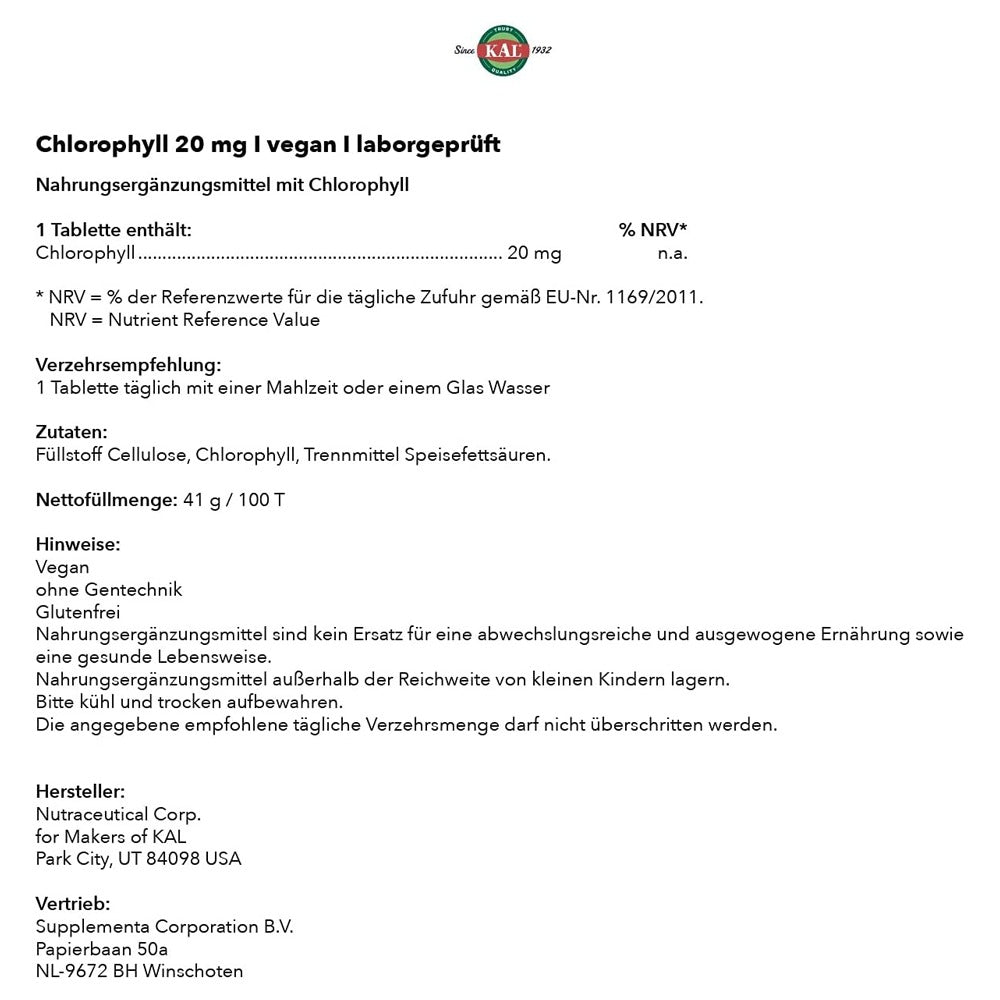كلوروفيل 100 قرص - KAL Chlorophyll 100 Tabs - GermanVit - Saudi arabia