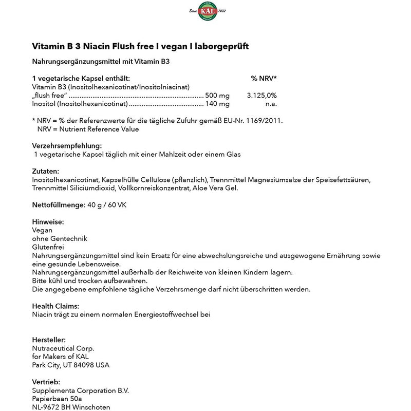 حميل الصورة في عارض المعرض ، فيتامين ب3 نياسين 500 ملج 60 كبسولة - KAL Niacin 500 mg Flush-free 60 Veg Caps - GermanVit - Saudi arabia
