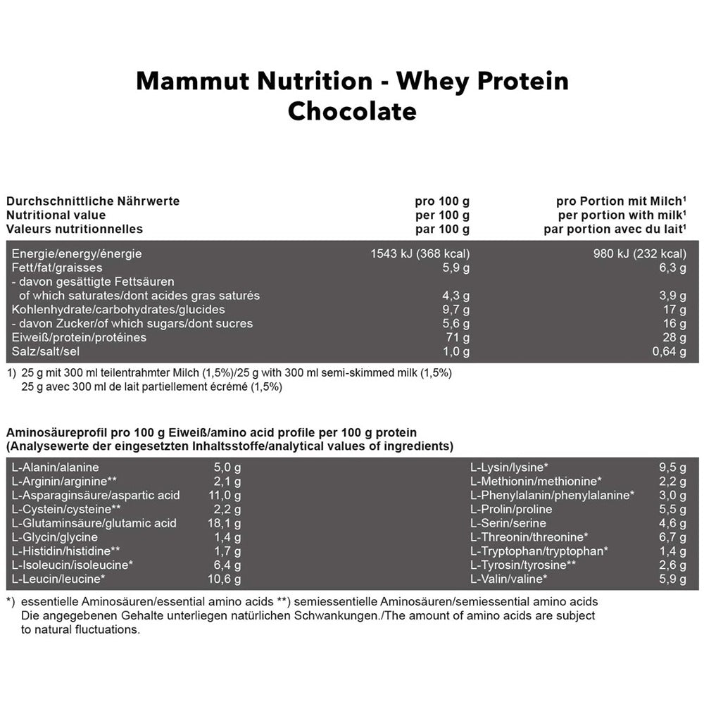 ماموت واي بروتين بودرة بطعم الشوكولاتة 1000 جرام - MAMMUT Nutrition WHEY PROTEIN Powder 1000 gm Chocolate Flavour - GermanVit - Saudi arabia