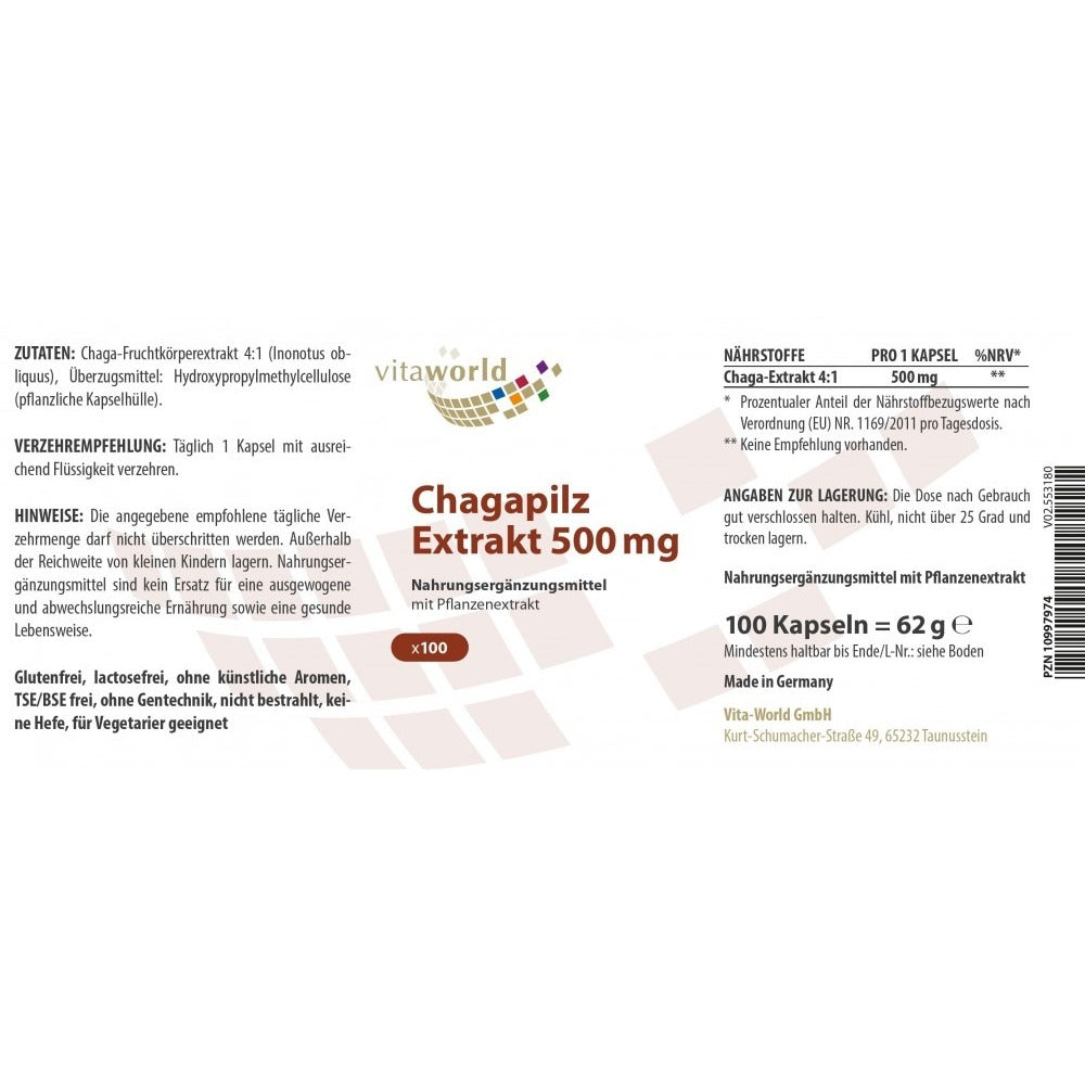 فطر تشاجا 500 ملج 100 كبسولة - VitaWorld Chaga Mushroom Extract 500 mg 100 Caps - GermanVit - Saudi arabia