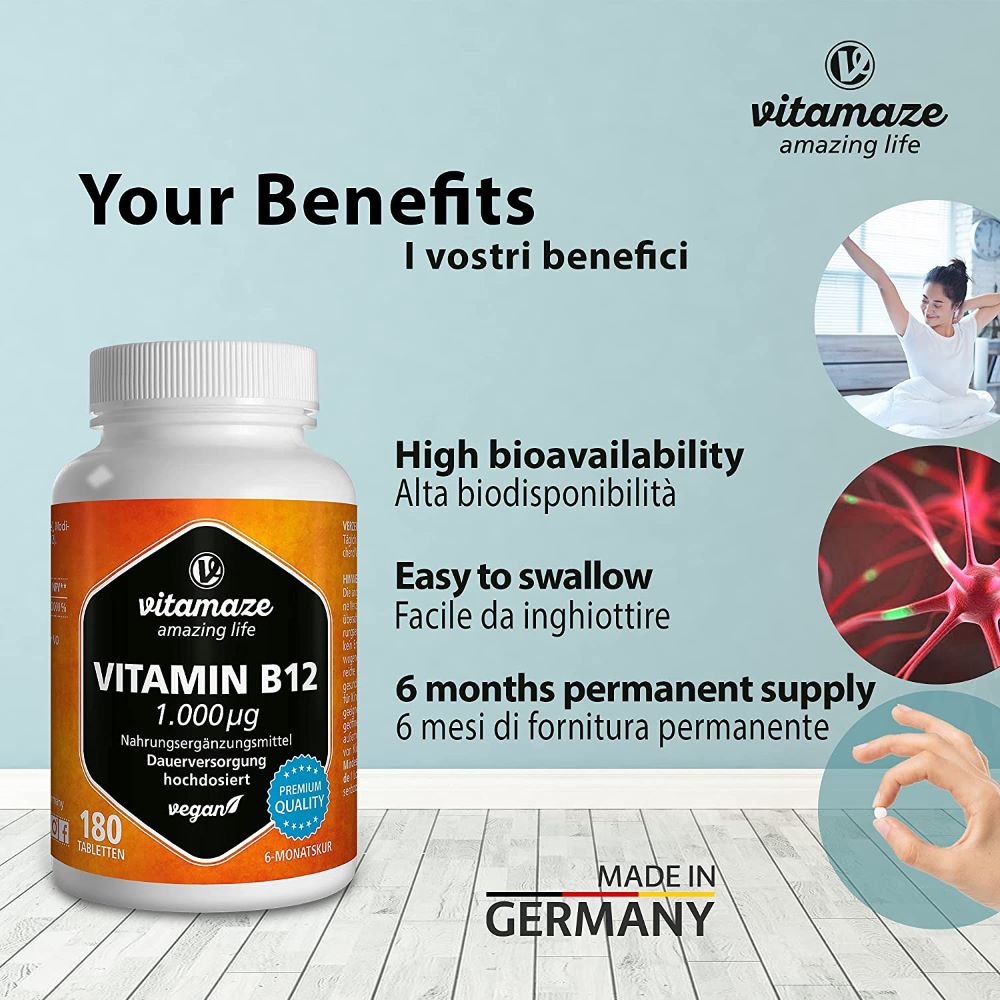 فيتامين ب₁₂ 1000 ميكج 180 قرص - Vitamaze VITAMIN B₁₂ 1000 μg 180 Tabs - GermanVit - Saudi arabia