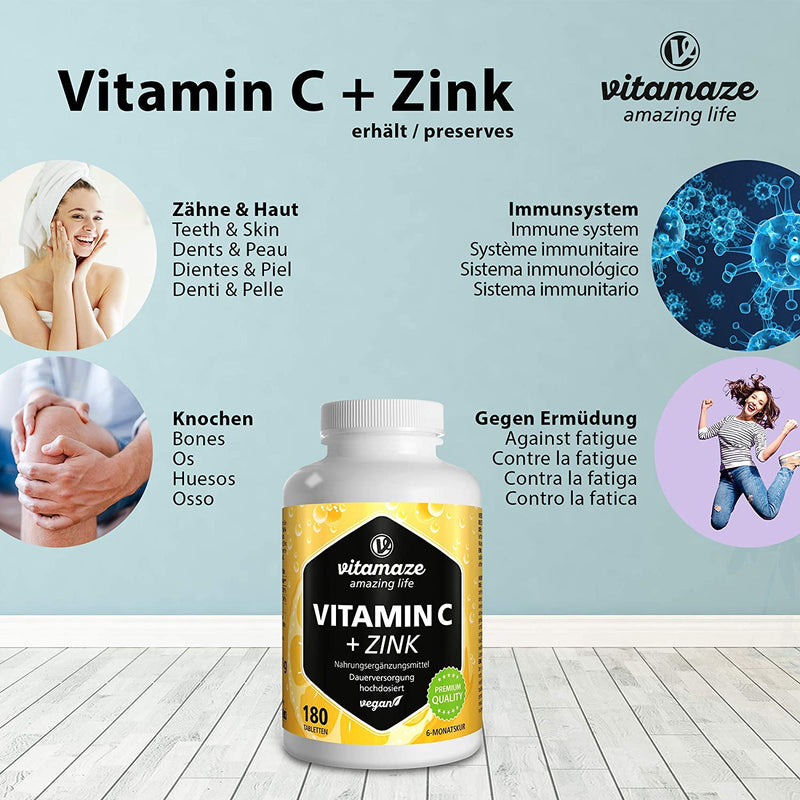 حميل الصورة في عارض المعرض ، فيتامين سي مع الزنك 180 قرص - Vitamaze VITAMIN C + ZINC 180 Tabs - GermanVit - Saudi arabia
