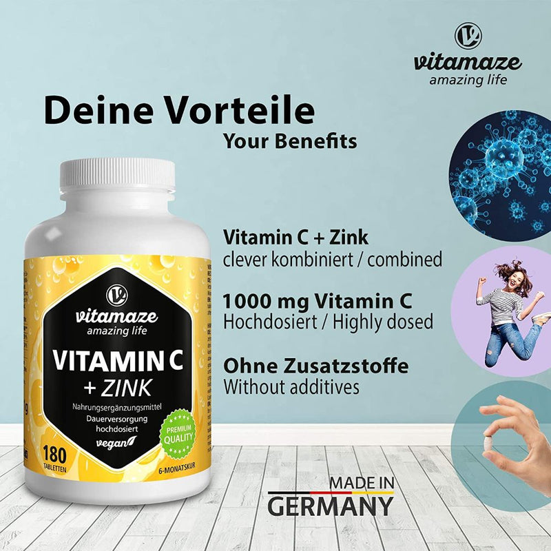 حميل الصورة في عارض المعرض ، فيتامين سي مع الزنك 180 قرص - Vitamaze VITAMIN C + ZINC 180 Tabs - GermanVit - Saudi arabia
