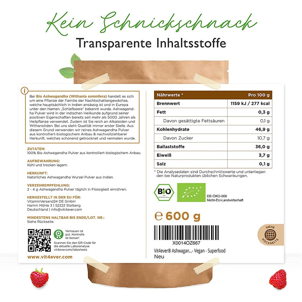 مسحوق الأشواجندا العضوية 600 جرام - Vit4ever Bio Ashwagandha Root Powder 600 gm - GermanVit - Saudi arabia