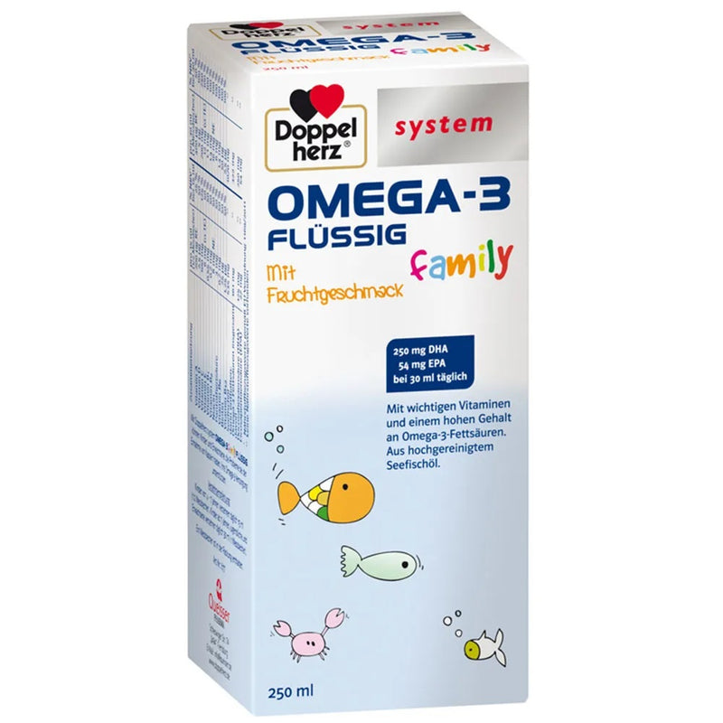 Load image into Gallery viewer, دوبل هيرز أوميجا-3 سائل 250 مل - Doppelherz system OMEGA-3 Liquid Family 250 ml - GermanVit - Saudi arabia

