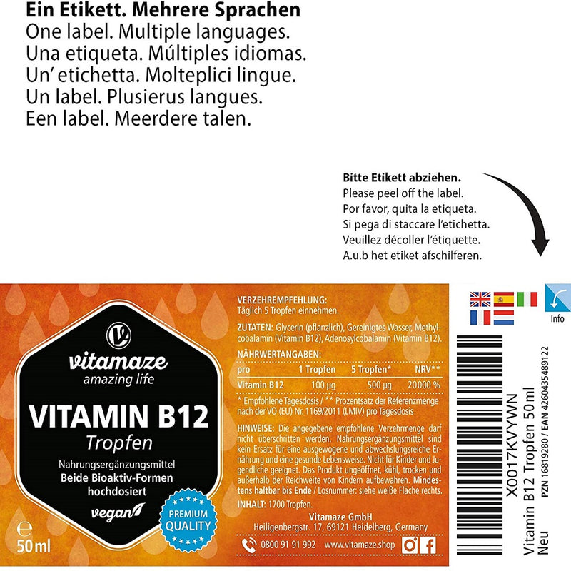 حميل الصورة في عارض المعرض ، فيتامين ب₁₂ 500 ميكج سائل 50 مل - Vitamaze Vitamin B₁₂ 500 μg drops 50 ml - GermanVit - Saudi arabia
